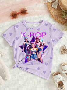 Áo thun ngắn tay cổ tròn in chữ và nhân vật hoạt hình dành cho bé gái - Nhiều màu - Xem 3