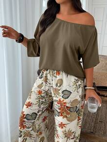 Weeklong Plus Size 2-Piece Set: Solid Color Asymmetrical Shoulder Top & Random Print Casual Pants, Vacation Style Fall - Multicolor - View 4