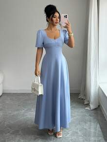 Elenzga Vestido de mujer de unicolor con cuello cuadrado, copa de busto falsa con forma, cinturón de cintura vintage, manga abullonada, longitud hasta la rodilla, elegante y sofisticado, estilo retro romántico minimalista francés, adecuado para oficina, viajes, negocios, casual, playa, citas, nueva llegada de primavera/verano - Azul - Ver 3