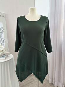 Lacomfia 女士圆领七分袖交叉长款休闲舒适加大码T恤 - 綠色 - 查看 3