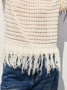 Maija 女士纯色圆领短袖镂空流苏下摆针织上衣，适合夏季假期、春假、春季、海滩、生日、外出等场合，优雅休闲，杏色上衣 - 杏色 - 查看 4