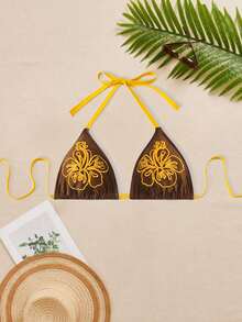 Swim Vcay Plus Size Women Floral Embroidery Minimalist Swimsuit Top - Brown - View 1