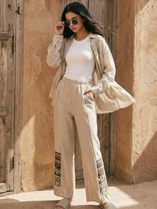 Teen Girls Casual Linen Color Wide Leg Pants, Suitable For Vacation & Daily Wear, Versatile - Khaki - View 5