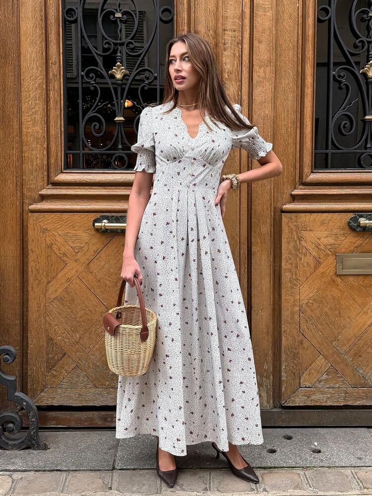 Pariaura Robe mi-longue florale française : Manches bouffantes col V + Silhouette marquée à la taille, incarnant une esthétique douce et apaisante de forêt chic pour le printemps-été - Nude - Voir 3