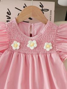 SHEIN Vintaside Kids Đầm bé gái thanh lịch, ngọt ngào, dễ thương, cổ tròn, tay ngắn, viền bèo nhún, dáng rộng, thích hợp cho kỳ nghỉ, du lịch, quà sinh nhật, mùa hè. - Hồng - Xem 4