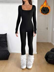 SHEIN Tall Women's Winter Streetwear Athleisure Ski Wear Warm/ Cold Weather/ Thermal Stretchy Comfortable Black Slim Fit Long Sleeve Square Neck Long Thermal Lined Romper,Fall Long Sleeve Jumpsuit Bodycon Jumpsuit - Black - View 5
