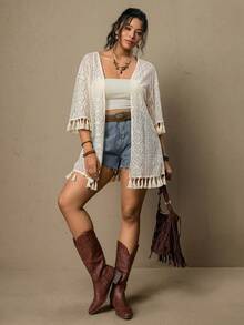 Freevana Plus Size Women Vacation Fringe Cuff Loose Kimono Cover Up,Plus-Size Kimonos, Plus-Size Three-Quarter Sleeve Shirts, Plus-Size Beachwear, V-Neck Three-Quarter Sleeve Jackets, Casual Vacation Tops, Sun-Protective Clothing, Tassel Embellishments On Cuffs And Hem, Geometric Lace Patterns, Openwork Tops.Plus-Size Women'S Apricot-Colored Openwork Crochet Kimono, Lace Jacket, Loose Mid-Length Sleeves, Romantic Early Spring Beach Warm Kimono Shirt, Women'S Beach Kimono 2026 Summer Beach,Large Size Beach Kimono Plus-Size Lace Crochet Tassel Hem Kimono Summer Lace Kimono Boho Kimono Lace Cover Up Summer Cardigan For Women Crochet Cover Up - Apricot - View 6