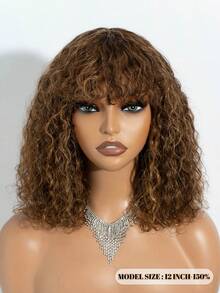 无胶真人发短卷发假发，带刘海，女士深卷发假发，挑染棕色杰瑞卷发鲍勃假发 - S4/30/27 - 查看 4