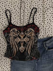 Attitoon Set de 3 piezas de top tipo camiseta Y2K, estilo punk retro y casual, con estampados versátiles de corazón, cruz, alas y letras góticas en inglés desgastadas, para un cómodo verano y primavera de las mujeres - Multicolor - Ver 4