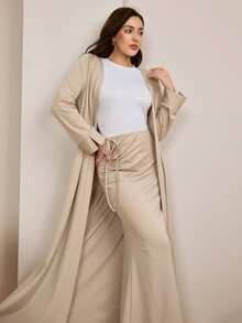 Graceveil 女士长款开衫和褶裥腰身紧身裙阿拉伯风格套装 - 卡其色 - 查看 5