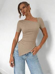 Chiquease Áo thun tay ngắn cổ lệch, màu trơn, chất liệu gân, kiểu dáng thường ngày. - Màu Khaki - Xem 4