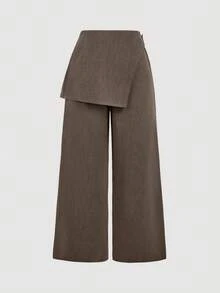 SHEIN MOD Pantalones formales con superposición de color gris oscuro para mujer de talla grande, adecuados para la temporada de regreso a la escuela, ropa de trabajo en otoño/invierno - Marrón - Ver 2