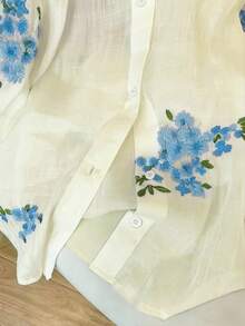 Resyla 女士时尚休闲简约浪漫度假刺绣花卉长袖纽扣衬衫 - 藍色 - 查看 3