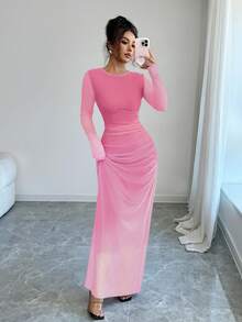 Rafferiza Women's Sheer Mesh Long Sleeve Ombre Ruched Bodycon Dress, Casual Daily Beachwear, Lounge, Office, Dress - Baby Pink - View 7