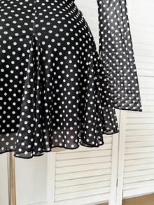 Comfortcana Đầm chữ A tay loe chấm bi đen trắng dáng rộng, cỡ lớn, chất liệu lưới, thích hợp cho mùa xuân/thu. - Đen và trắng - Xem 10