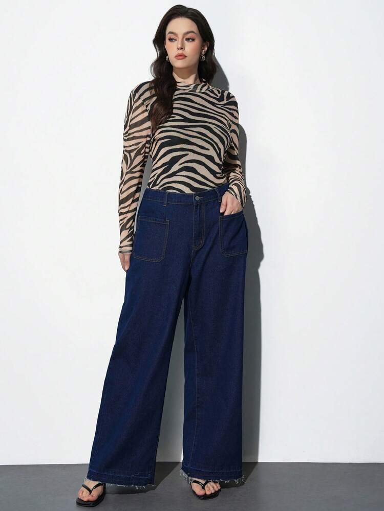 SHEIN Maija Plus Size Women Zebra Print Turtleneck Long Sleeve T-Shirt With Sheer Mesh Panel, Elegant & Sophisticated Urban Casual Business Attire, Suitable For Office Wear, Commuting, Fashionable & Graceful, Ideal For Summer, Valentine's Day