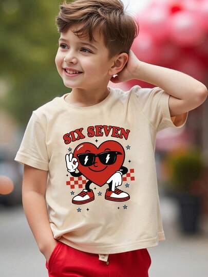Camiseta de manga corta básica cómoda para niños pequeños con estampado de dígito 67, personaje de dibujos animados, cuadros, estrella de pentágono y eslogan, adecuada para primavera, verano, otoño y Día de San Valentín