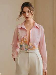 Anewsta Women's New Spring/Summer Long Sleeve Pink Embroidered Rhinestone Butterfly Elegant Luxurious Blouse, Refined Shirt - Pink - View 5
