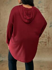 Truni Plus Size Casual Solid Color Drawstring Hooded Sweatshirt, Autumn New Years Women Birthday Women Fall Sweatshirt Winter, For Pear & Triangle Body Shape - Burgundy - View 2