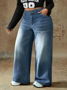 Truni Celana Panjang Denim Pudar Vintage Ukuran Plus dengan Potongan Lebar dan Saku Hati, Modis & Serbaguna untuk Pakaian Musim Panas dan Gugur untuk Wanita, Cocok untuk Bentuk Tubuh Pir dan Segitiga - Biru - View 5