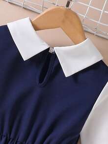 Elladie kids 少女珍珠点缀领口红白中长连衣裙，甜美优雅风格，适合派对、日常穿着、春秋季及圣诞节等场合。 - 藏蓝色 - 查看 4