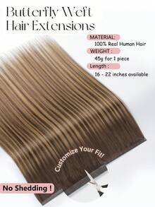 9AM HAIR 蝴蝶结发片,真人发,无胶 OVO PU 孔,手工编织,隐形 DIY 双层发片,直发,1 片装,16 英寸 - S4/4/27 - 查看 6