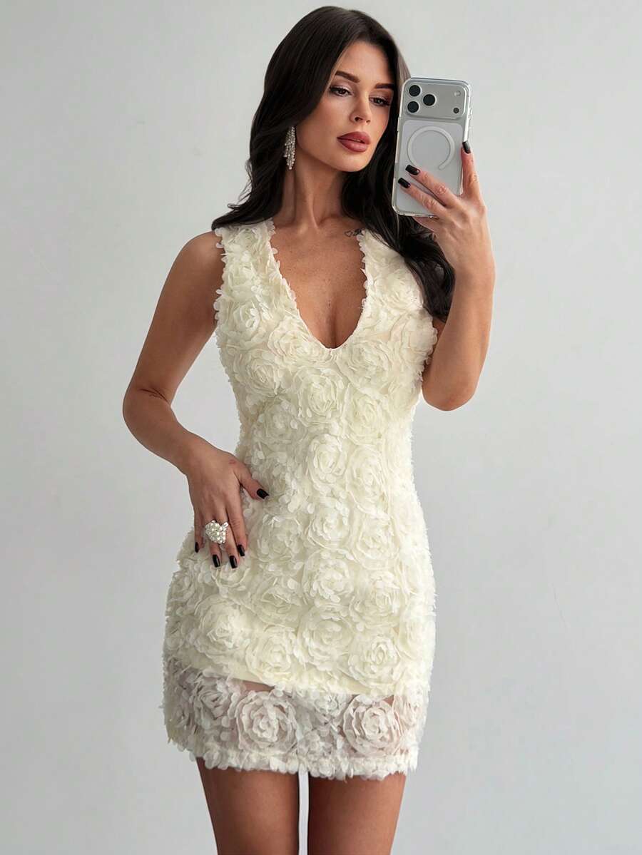 Firerie Women's Elegant Romantic Date Party Vacation Beach Party Afternoon Tea Dress, Buttercream 3D Floral Fabric Deep V-Neck Sleeveless Bodycon Mini Dress, Wedding, Photo Shoot, Valentine's Day Date, Birthday Dress - Yellow - View 1
