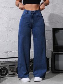 SHEIN Tall Women's Solid Color Slant Pocket Casual Straight-Leg Jeans - Dark Wash - View 1