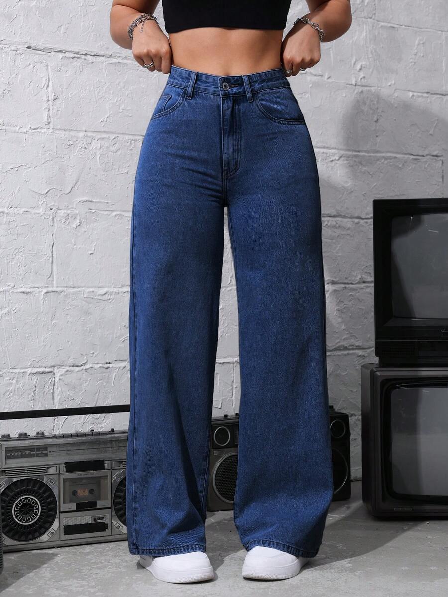 SHEIN Tall Women's Solid Color Slant Pocket Casual Straight-Leg Jeans - Dark Wash - View 1