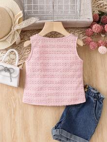 Áo không tay dệt kim màu trơn dành cho bé gái, kiểu dáng thường ngày, thích hợp cho kỳ nghỉ hè. - Hồng - Xem 2