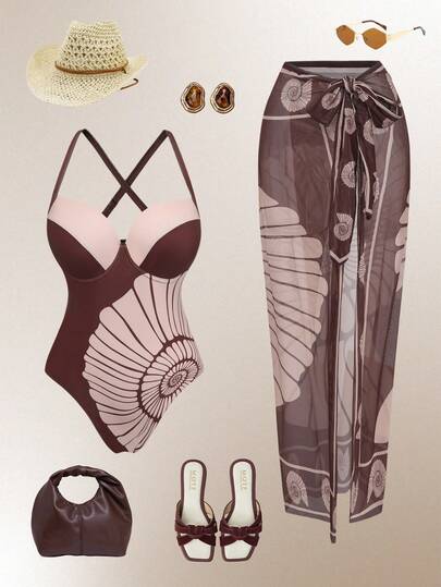 Swim Oasis 2026 Summer Beach Vacation Elegant High-End Steel Hoop Design Brown Printed One-Piece Swimsuit & Coverup Skirt Set, Plus Size