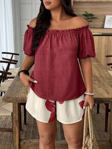 Weeklong Plus Size Casual Vacation Style Solid Color Off-Shoulder Top & Floral Print Shorts 2-Piece Set - Multicolor - View 3