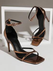 SHUZIA 女士优雅简约金属PU圆头踝带细高跟凉鞋 - 玫瑰金 - 查看 7