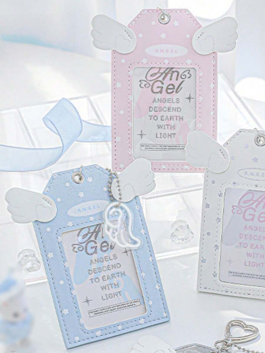 1pc Y2k Card Holder Keychain, Cute Kawaii PU Leather Card Holder With Wings & Heart Keychain, Gift For Friends, Pink/Blue ID/SIM Pouch - Little Angel - View 1