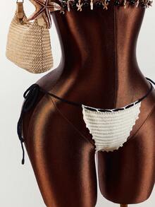 Amplova 两件套女士针织套装，黑白撞色，性感沙滩贝壳装饰，适合海滩度假 - 黑與白 - 查看 8