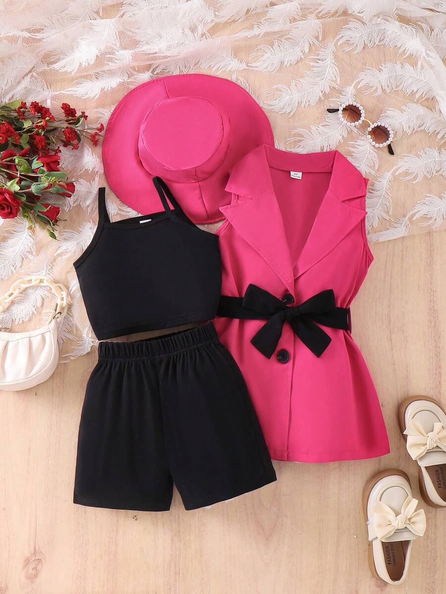 3pcs Young Girls Fuchsia Blazer Vest Jacket,Knit Camisole And Shorts Set,Elegant Commuter Outfit Bow Clothes For Summer Spring Autumn,7thbirthday - Hot Pink - View 1