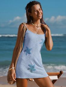 Swim Mod Đầm che phủ năng động màu xanh bạc hà với họa tiết sao biển 3D tua rua, thanh lịch dành cho nữ, thích hợp cho kỳ nghỉ. - Màu xanh lam - Xem 3