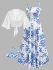 Franclia 大码女式印花雪纺喇叭袖外套和吊带裙两件套，优雅度假装，印花连衣裙搭配雪纺开衫，度假女装半身裙套装，夏季两件套，蓝白连衣裙，女士夏季套装，夏季半身裙套装，夏季两件套，夏季连衣裙搭配罩衫，女士夏季套装，印花吊带裙，度假女装 - 藍白色 - 查看 1