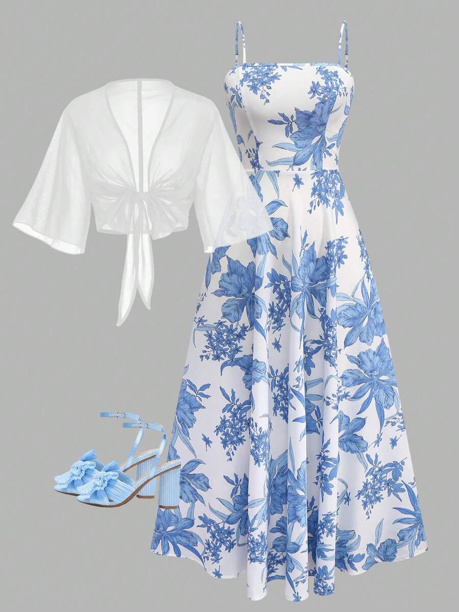 Franclia 大码女式印花雪纺喇叭袖外套和吊带裙两件套,优雅度假装,印花连衣裙搭配雪纺开衫,度假女装半身裙套装,夏季两件套,蓝白连衣裙,女士夏季套装,夏季半身裙套装,夏季两件套,夏季连衣裙搭配罩衫,女士夏季套装,印花吊带裙,度假女装 - 藍白色 - 查看 1