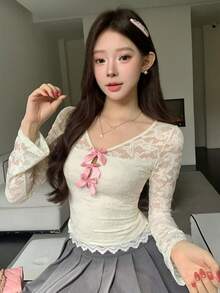 DAZY 女士蕾丝镂空蝴蝶结长袖T恤，可叠穿上衣 - 白色 - 查看 8