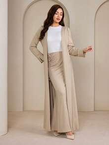 Graceveil 女士长款开衫和褶裥腰身紧身裙阿拉伯风格套装 - 卡其色 - 查看 1