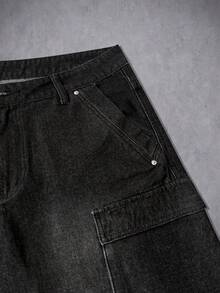 Manfinity Denimwave 男士黑色休闲宽松阔腿牛仔短裤，夏季街头风 - 黑色 - 查看 6