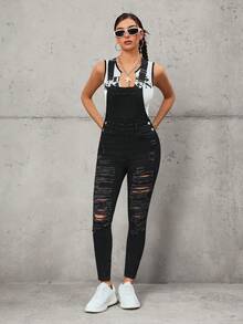 SHEIN Tall Women's Fashion Casual Slim Fit Personalized Distressed Tall High-Waisted Denim Bib Pants & Jumpsuit - Black - View 1