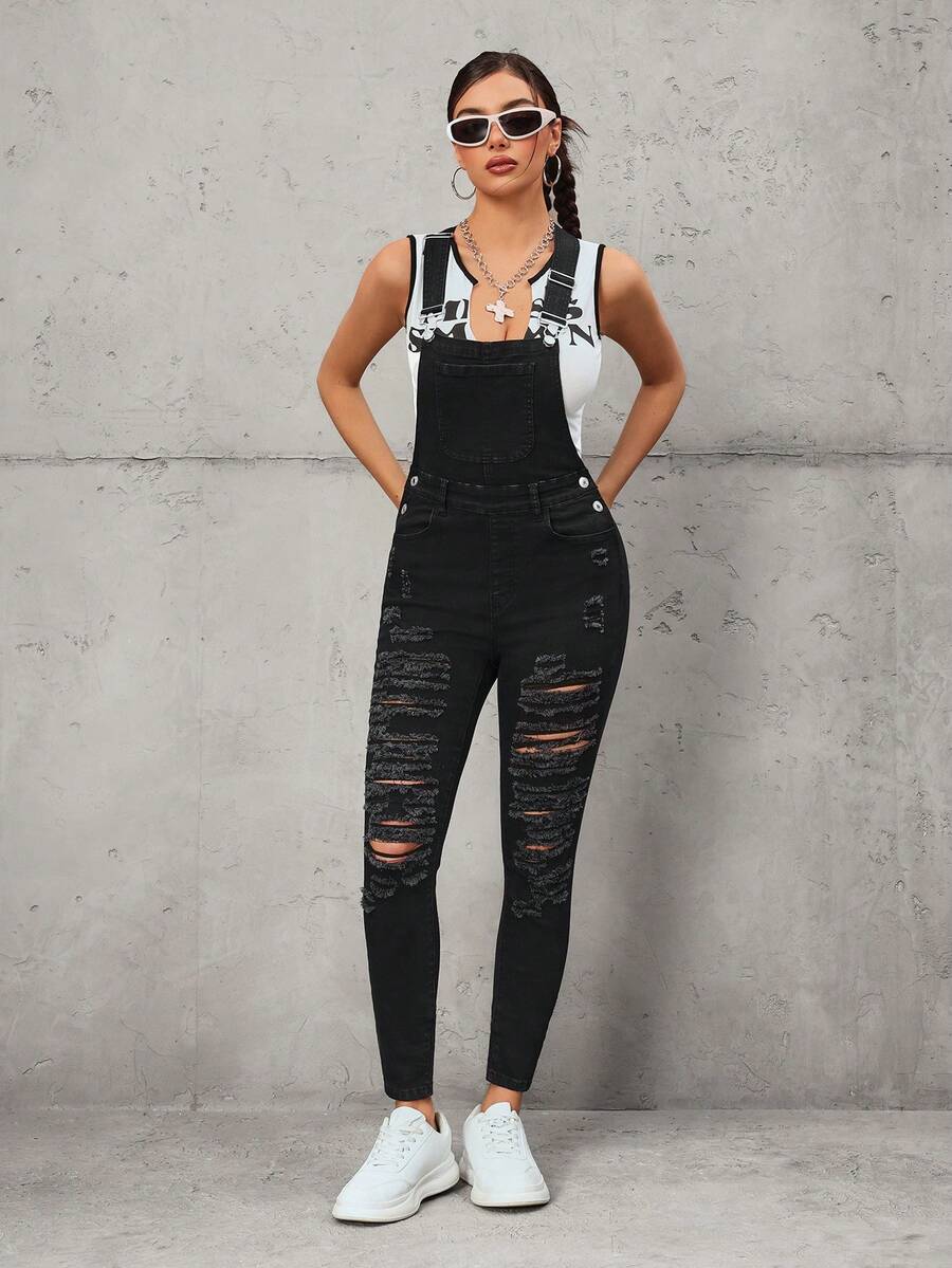 SHEIN Tall Women's Fashion Casual Slim Fit Personalized Distressed Tall High-Waisted Denim Bib Pants & Jumpsuit - Black - View 1