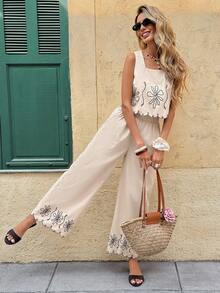 SHEIN Frenchy Bộ đồ nữ gồm áo hai dây cổ vuông thêu hoa và quần dài, kiểu dáng thường ngày, gồm 2 món. - Màu be - Xem 9