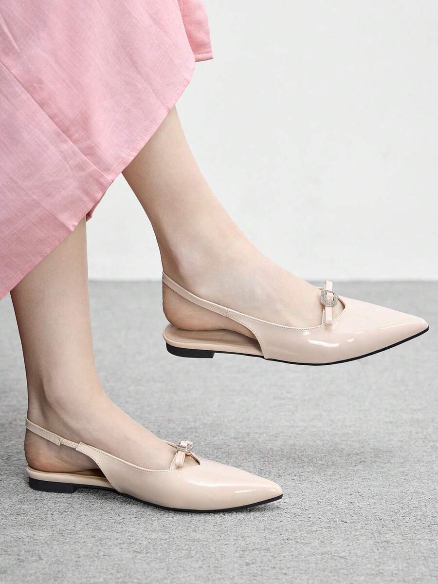 CUCCOO BIZCHIC 女士裸色漆皮尖头无后跟绑带舒适简约水钻装饰通勤鞋 - 裸色 - 查看 1