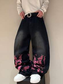 STEELVANCE 男士街头复古时尚小众百搭设计樱花刺绣宽松阔腿牛仔裤 - 黑色 - 查看 5