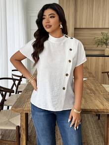 Weeklong Blusa suelta con botones asimétricos de estilo casual para mujer, adecuada para uso diario y atuendo de oficina, primavera/verano - Blanco - Ver 5
