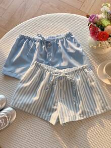 Comfortcana Bộ 2 quần short nữ kiểu dáng thường ngày: Vải dệt kẻ sọc xanh dương, thiết kế cài nút phía trước. - Màu xanh lam - Xem 3