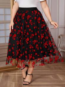 Reflora Plus Size Multicolor Flocking Flared Midi Skirt With Random Print Ruffle Hem - Multicolor - View 5